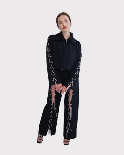 Compleu din 2 piese, geaca si pantaloni cu snur - negru