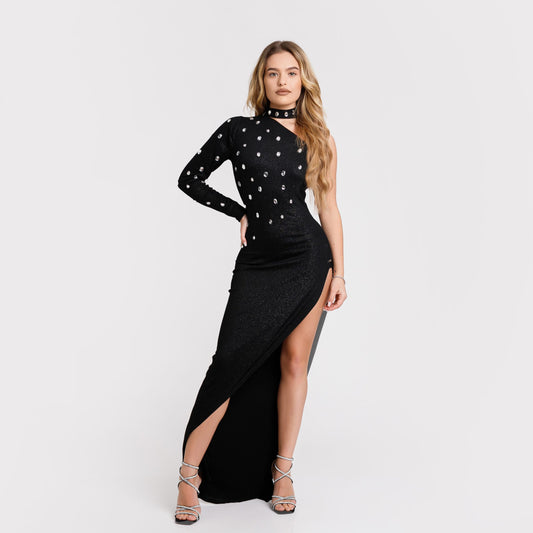 Rochie Lunga Cu Pietre - Neagra