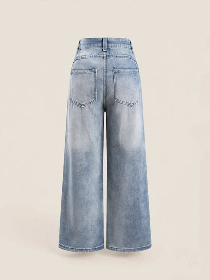 Pantaloni denim cu talie înaltă rupți - albastru