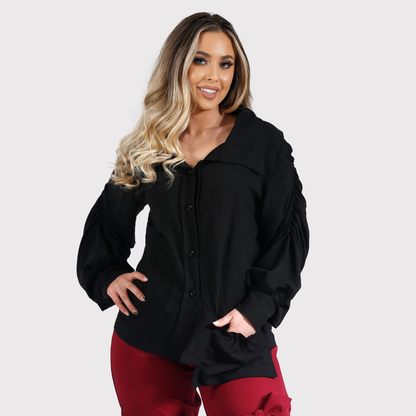 Cămașa oversized cu pliuri și buzunare asimetrice - neagra