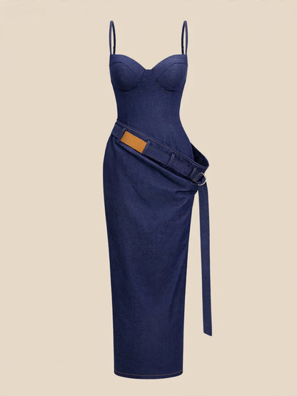 Rochie midi denim cu cupe și centură asimetrică - albastru închis