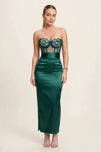 Compleu / rochie din 2 piese: corset cu pietre și fustă lungă – verde smarald