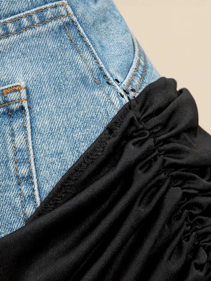 Fustă maxi mulată cu talie înaltă și drapaj rușat satin - denim