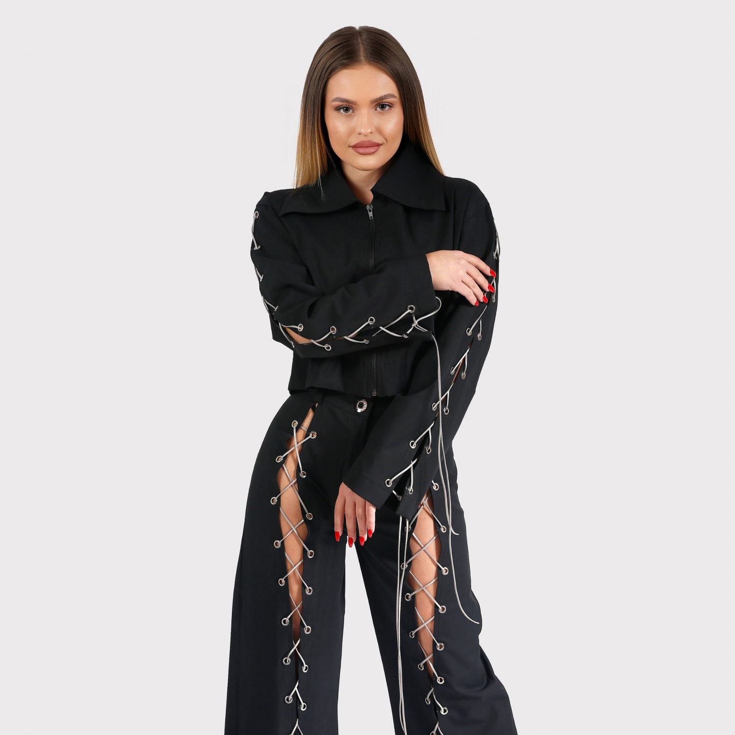 Compleu din 2 piese, geaca si pantaloni cu snur - negru