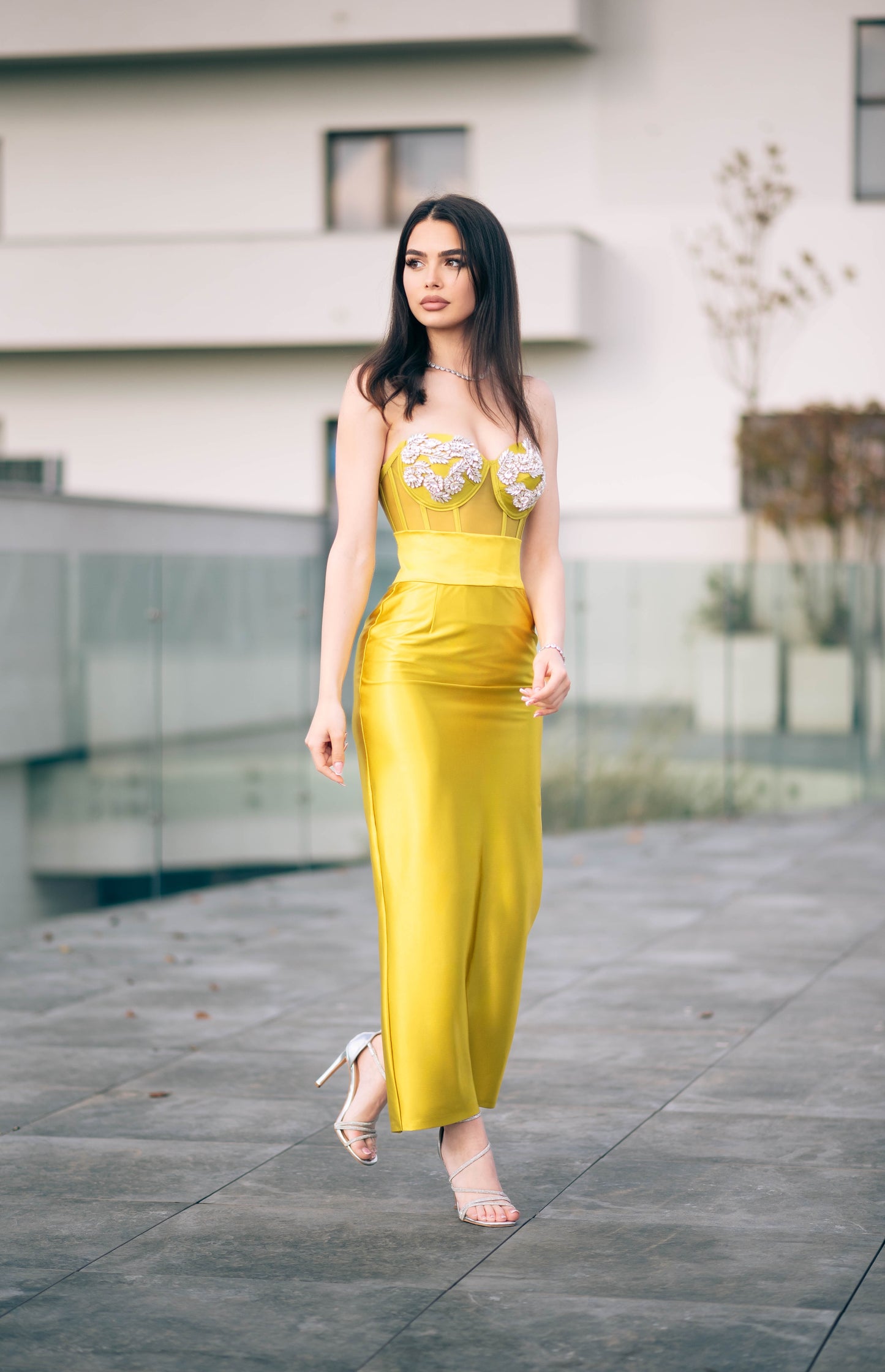 Compleu / rochie din 2 piese: corset cu pietre și fustă lungă – lime