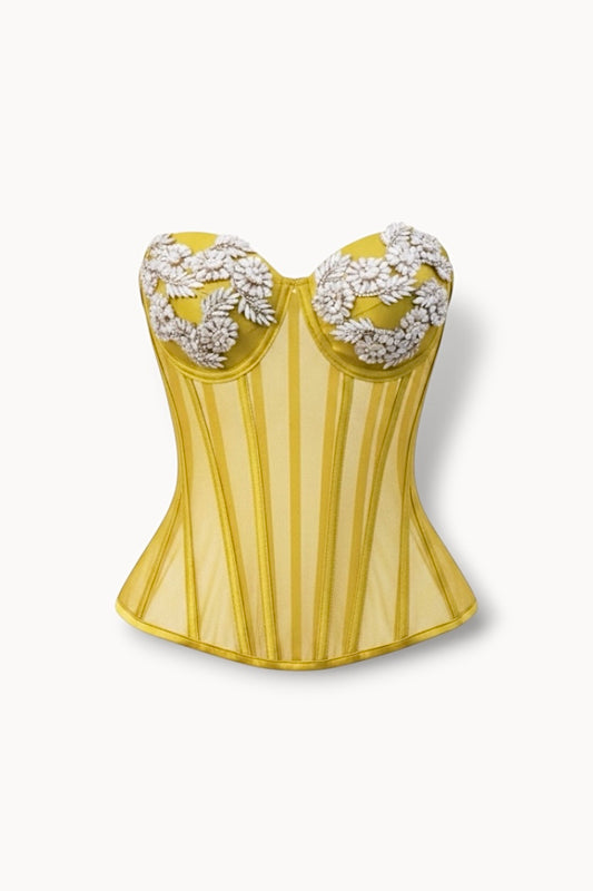 Corset cu pietre și tul transparent – lime