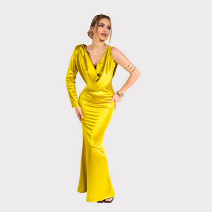 Rochie lungă, mulată, cu mânecă lungă și decolteu drapat – lime neon
