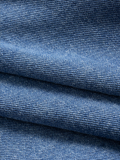 Geacă denim crop asimetrică cu fermoar diagonal și capse laterale - albastru