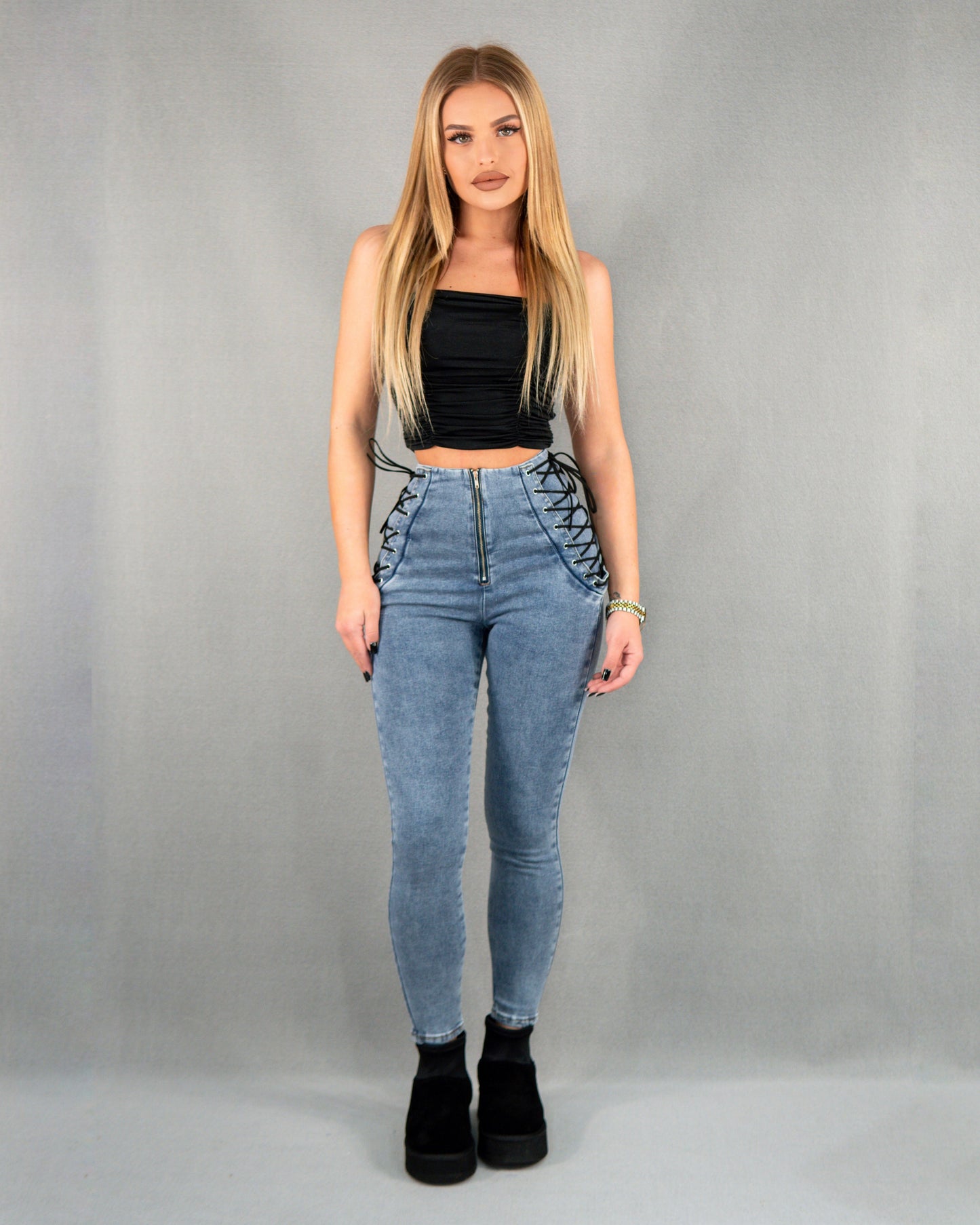 Pantaloni talie înaltă cu împletituri - denim albastru