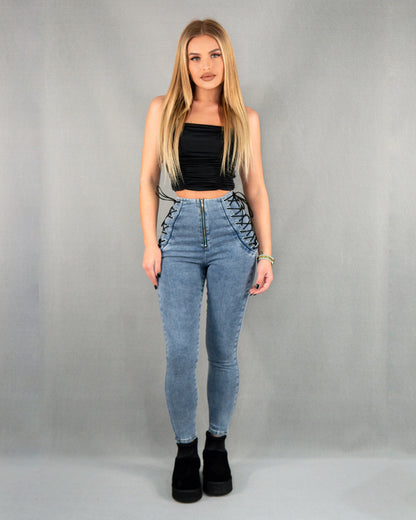 Pantaloni talie înaltă cu împletituri - denim albastru