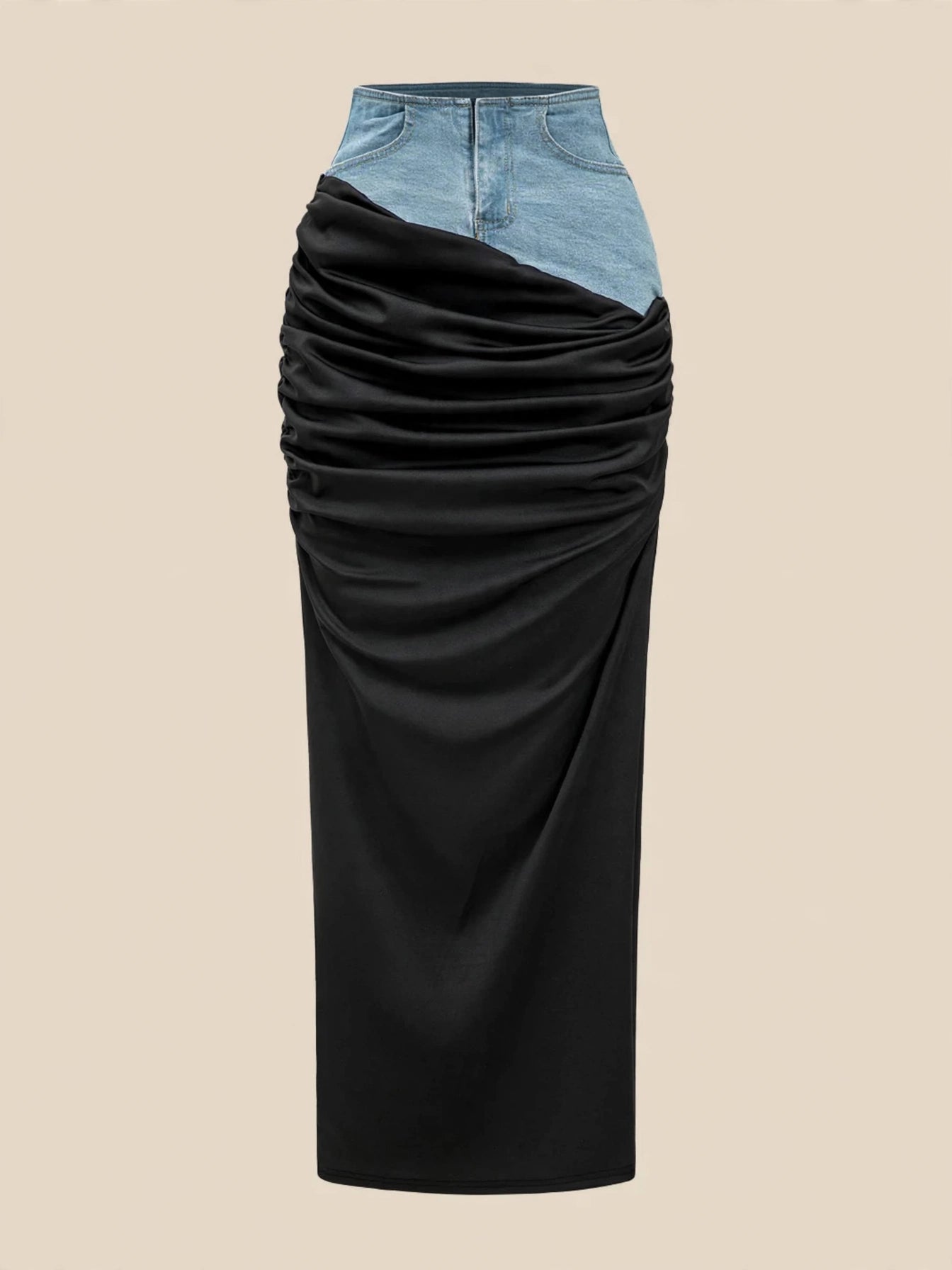 Fustă maxi mulată cu talie înaltă și drapaj rușat satin - denim