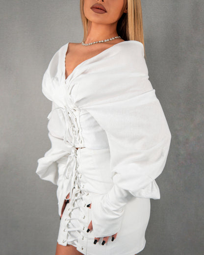 Bluză tip corset cu mâneci lungi - alb