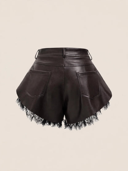 Pantaloni scurți cu talie înaltă și dantelă - maro