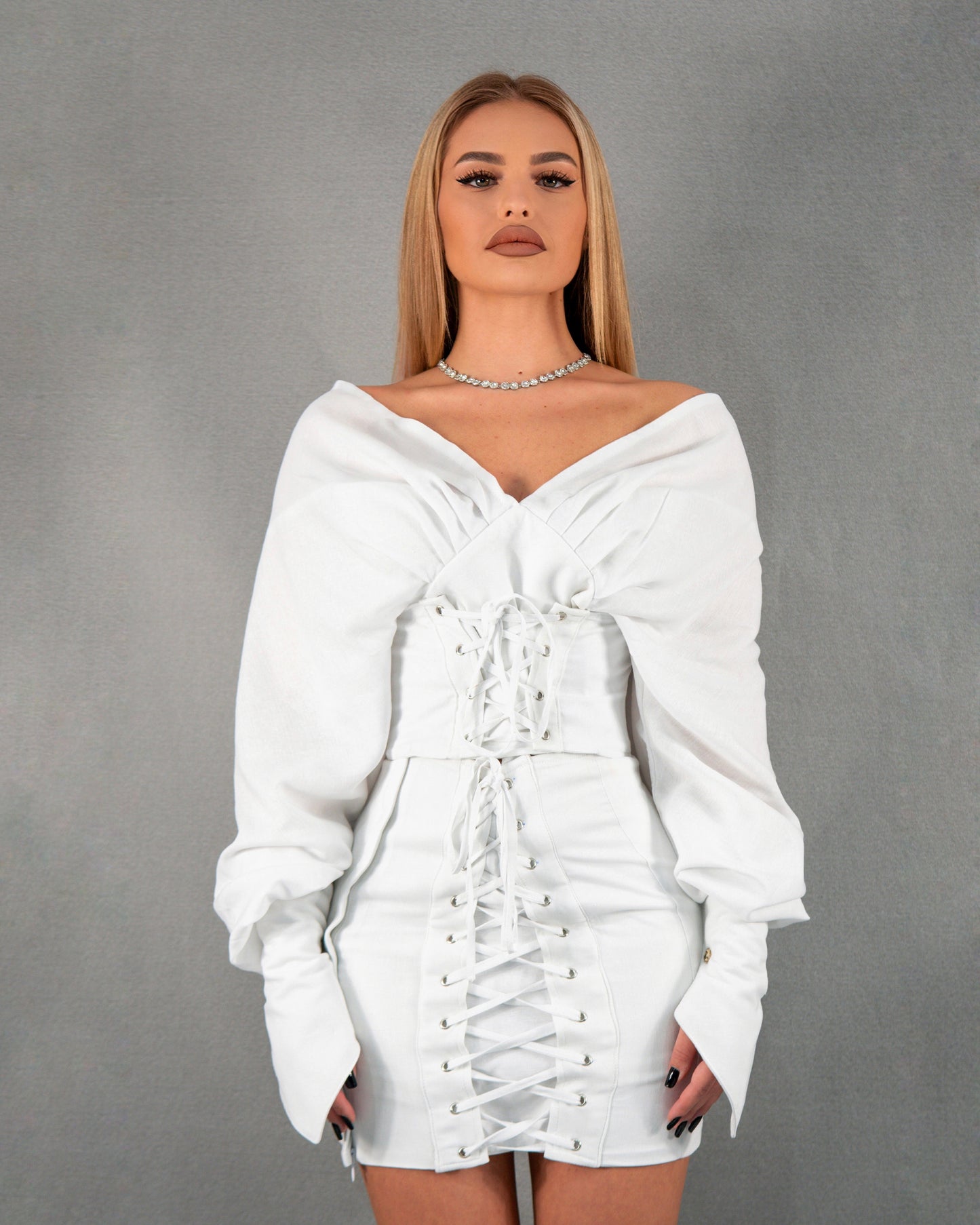 Bluză tip corset cu mâneci lungi - alb