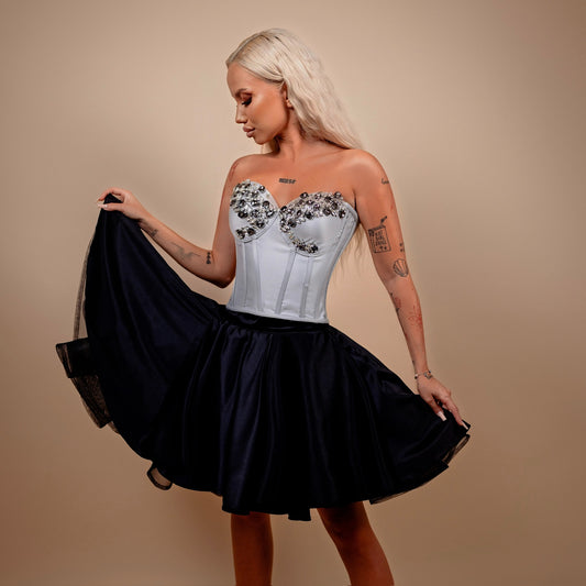 Rochie din 2 piese: corset cu diamante si fusta scurta - gri cu negru