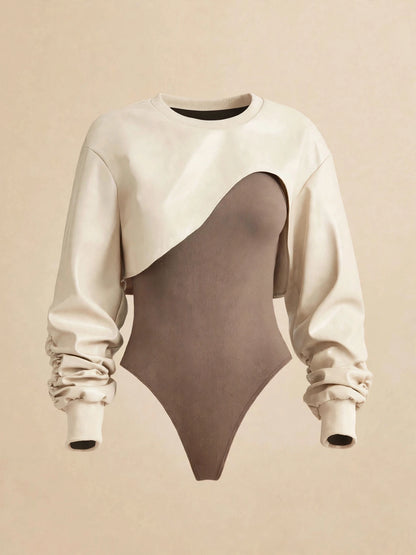 Body și bluza cu mânecă lungă din 2 piese - crem/maro