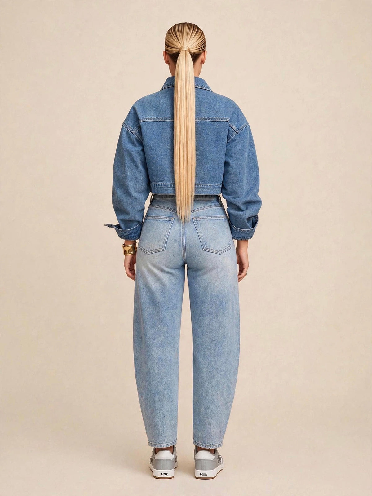 Geacă denim crop asimetrică cu fermoar diagonal și capse laterale - albastru