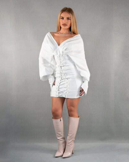 Compleu reglabil din 2 piese, bluză tip corset și fusta cu talie înaltă - alb