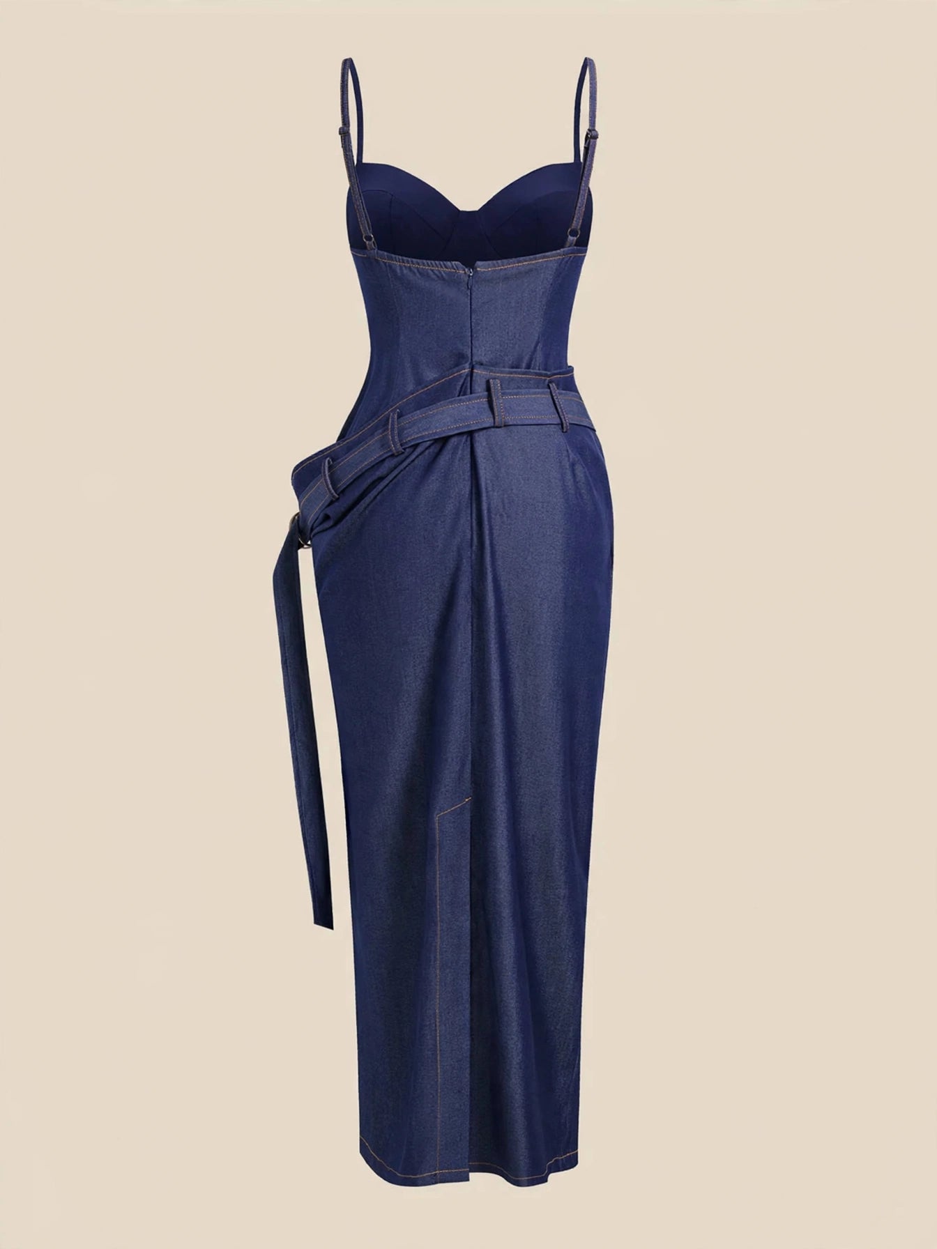 Rochie midi denim cu cupe și centură asimetrică - albastru închis