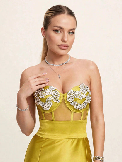 Compleu / rochie din 2 piese: corset cu pietre și fustă lungă – lime