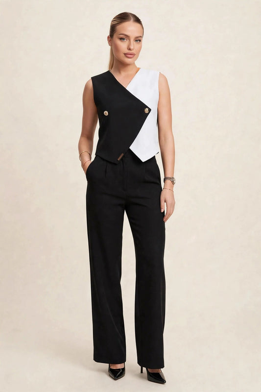 Compleu maieu bicolor și pantaloni lungi – negru