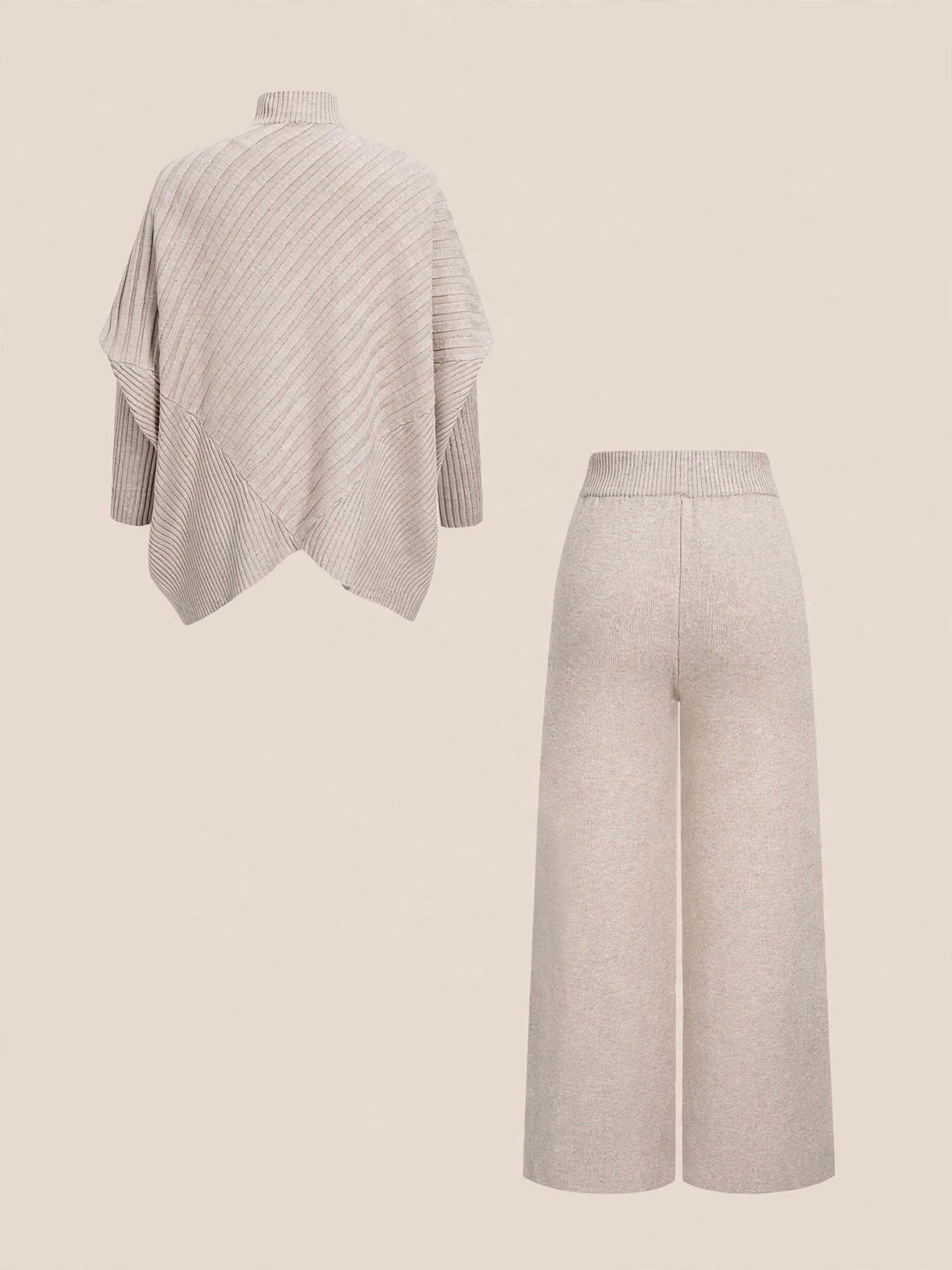 Compleu din 2 piese, bluză tricotată asimetrică cu guler înalt și pantaloni wide-leg cu talie înaltă - crem