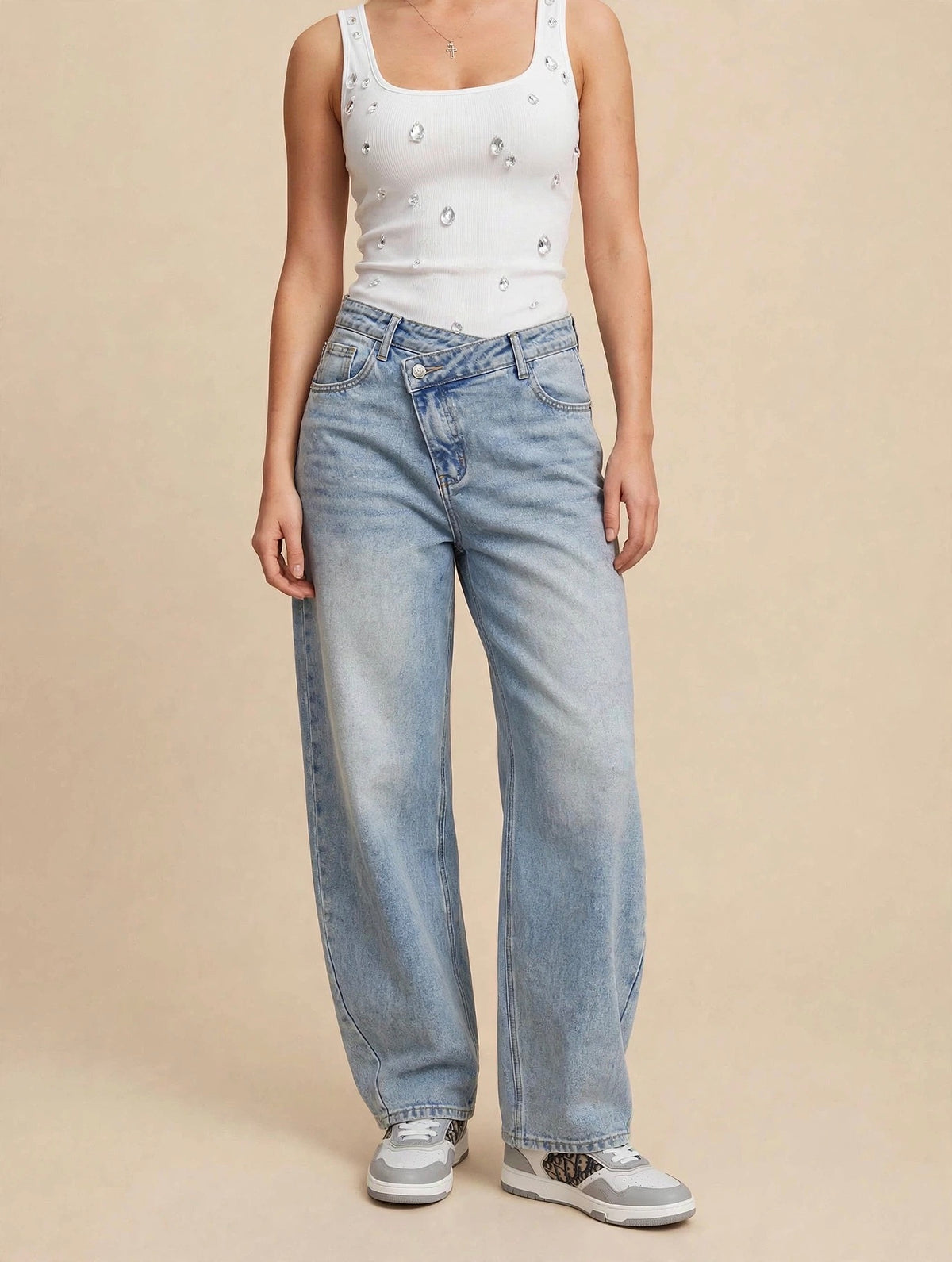Compleu denim din 2 piese, geacă crop asimetrică cu fermoar și pantaloni barrel cu talie crossover - albastru