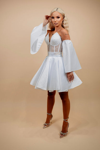 Rochie din 2 piese: corset cu pietre si fusta scurta - alb