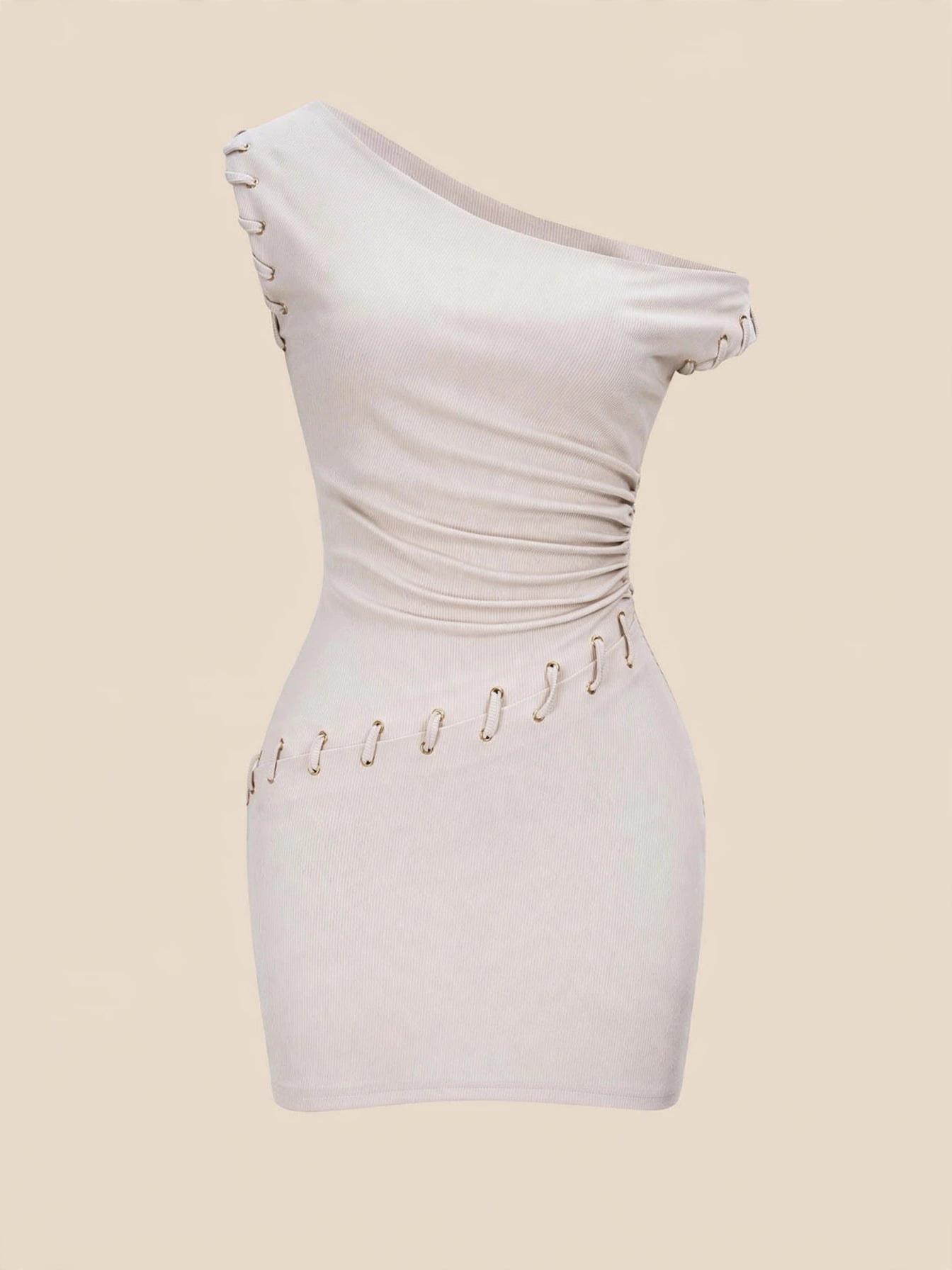 Rochie mini one-shoulder cu șireturi și capse - bej