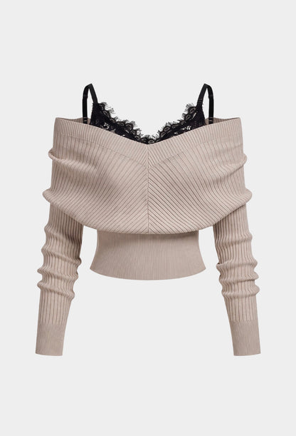 Compleu din 2 piese, bluza și pantaloni maro din piele cu dantelă - alb/maro