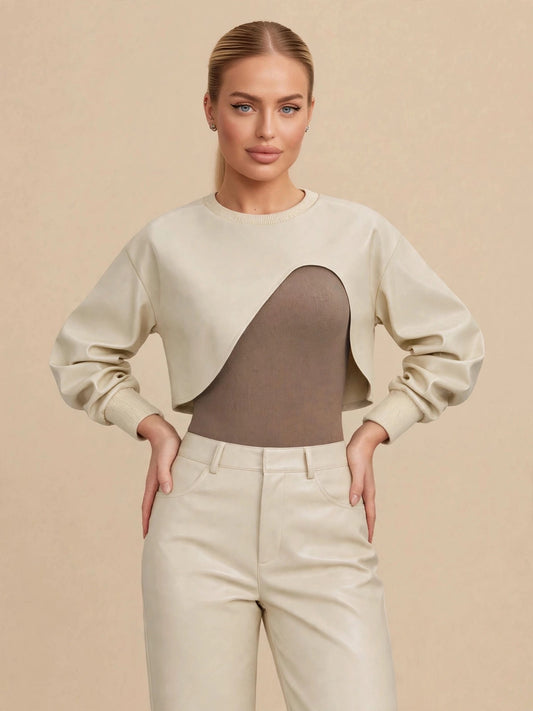 Body și bluza cu mânecă lungă din 2 piese - crem/maro
