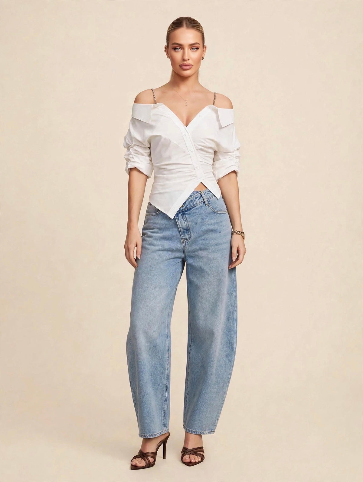 Compleu din 2 piese, cămașă și pantaloni lungi din denim - alb/albastru