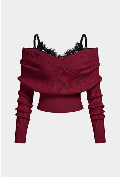 Compleu din 2 piese, bluza și pantaloni maro din piele cu dantelă - alb/maro