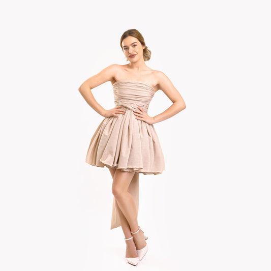 Rochie scurta fara bretele cu funda - bej
