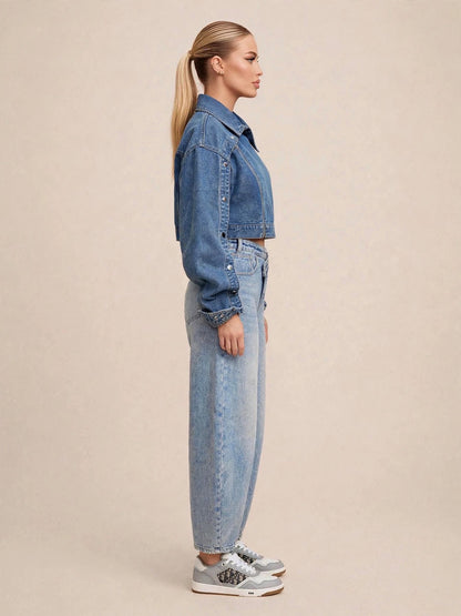 Geacă denim crop asimetrică cu fermoar diagonal și capse laterale - albastru