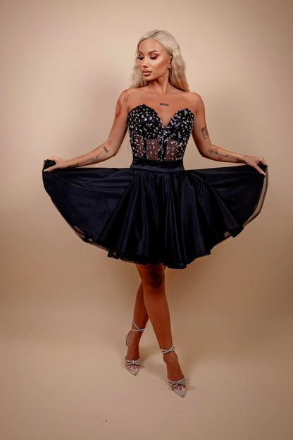 Rochie din 2 piese: corset cu diamante si fusta scurta - negru