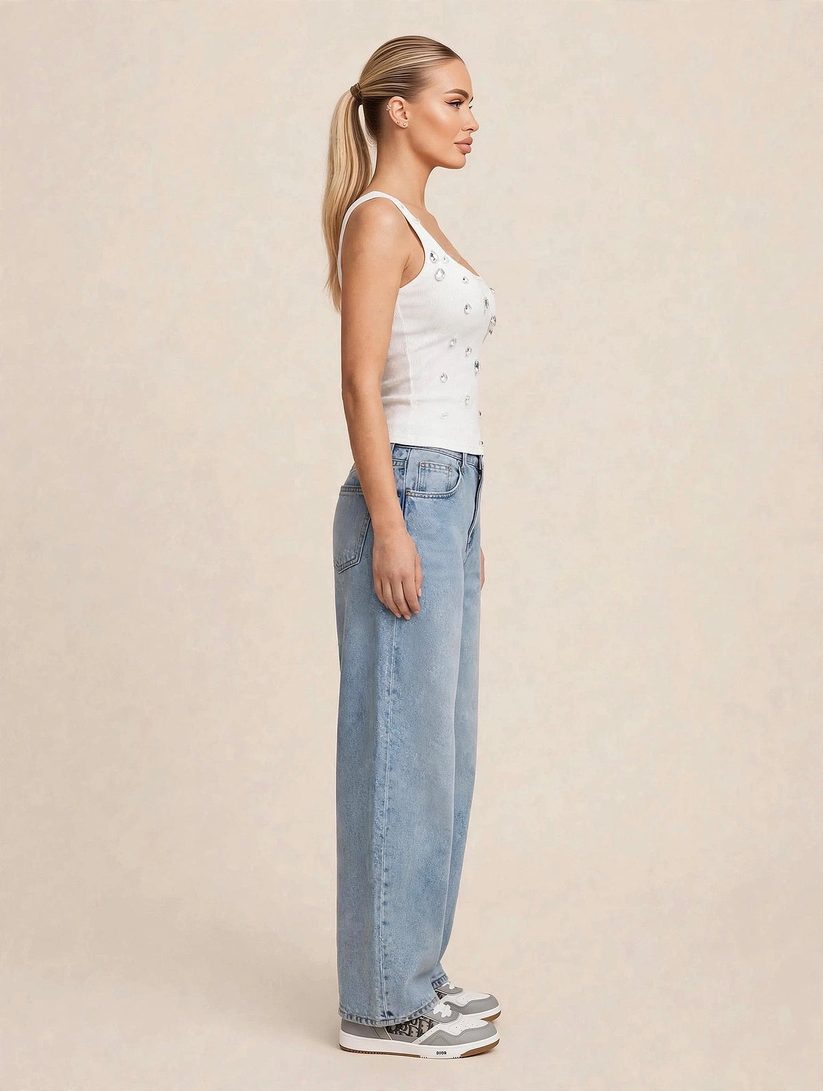 Pantaloni denim cu talie înaltă asimetrică crossover - albastru deschis