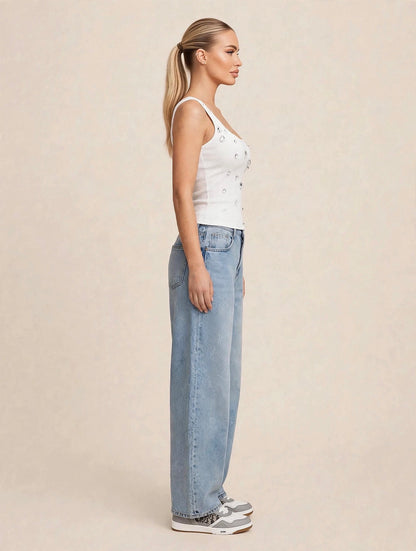 Pantaloni denim cu talie înaltă asimetrică crossover - albastru deschis