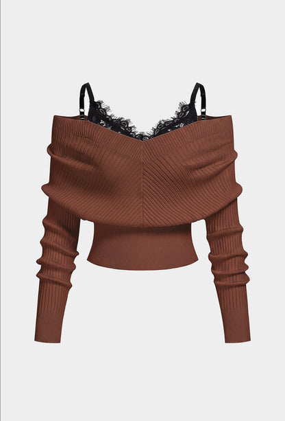 Compleu din 2 piese, bluza și pantaloni maro din piele cu dantelă - alb/maro