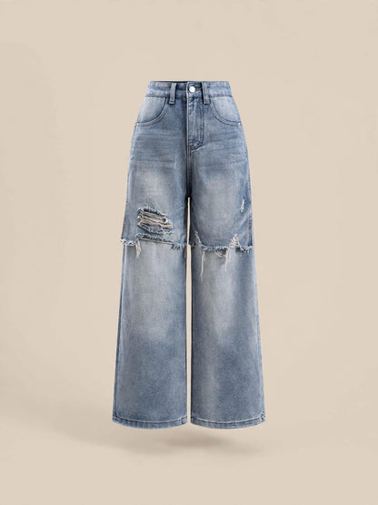 Compleu din 2 piese, bluza și pantaloni luni din denim rupți - negru/denim