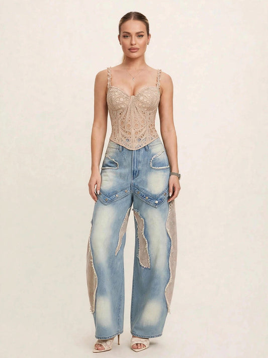 Compleu din 2 piese, corset și pantaloni denim - crem