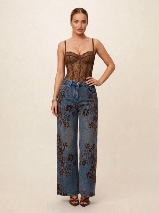 Pantaloni cu talie înaltă denim - maro