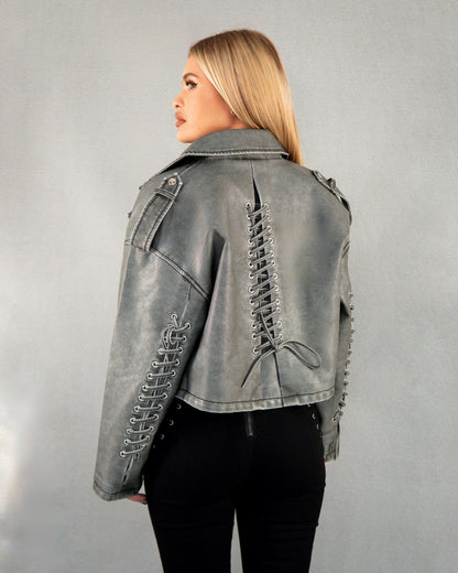 Geacă scurtă din piele cu împletituri - gri