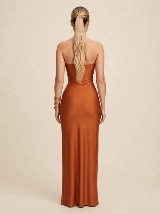 Rochie lungă terracotta cu noduri drapate - caramiziu