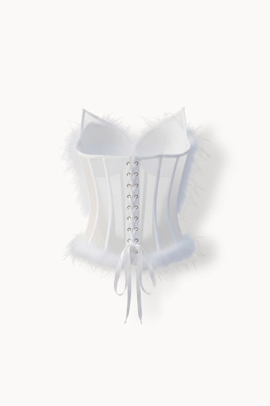 Corset cu pene și tul transparent – alb