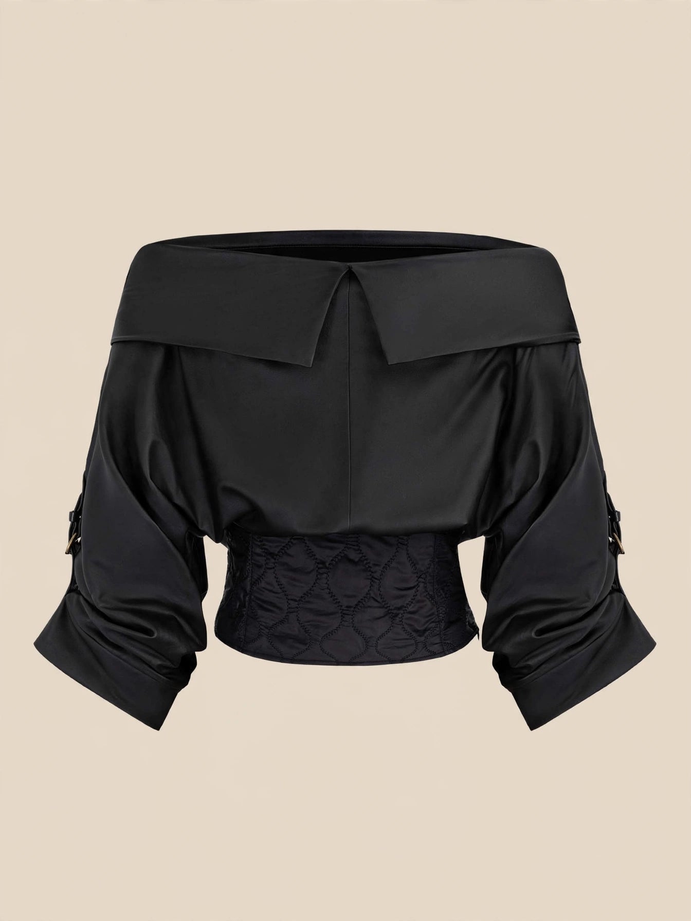Bluză cu umerii goi, mânecă lungă cu catarame reglabile și corset matlasat - negru