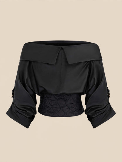 Bluză cu umerii goi, mânecă lungă cu catarame reglabile și corset matlasat - negru