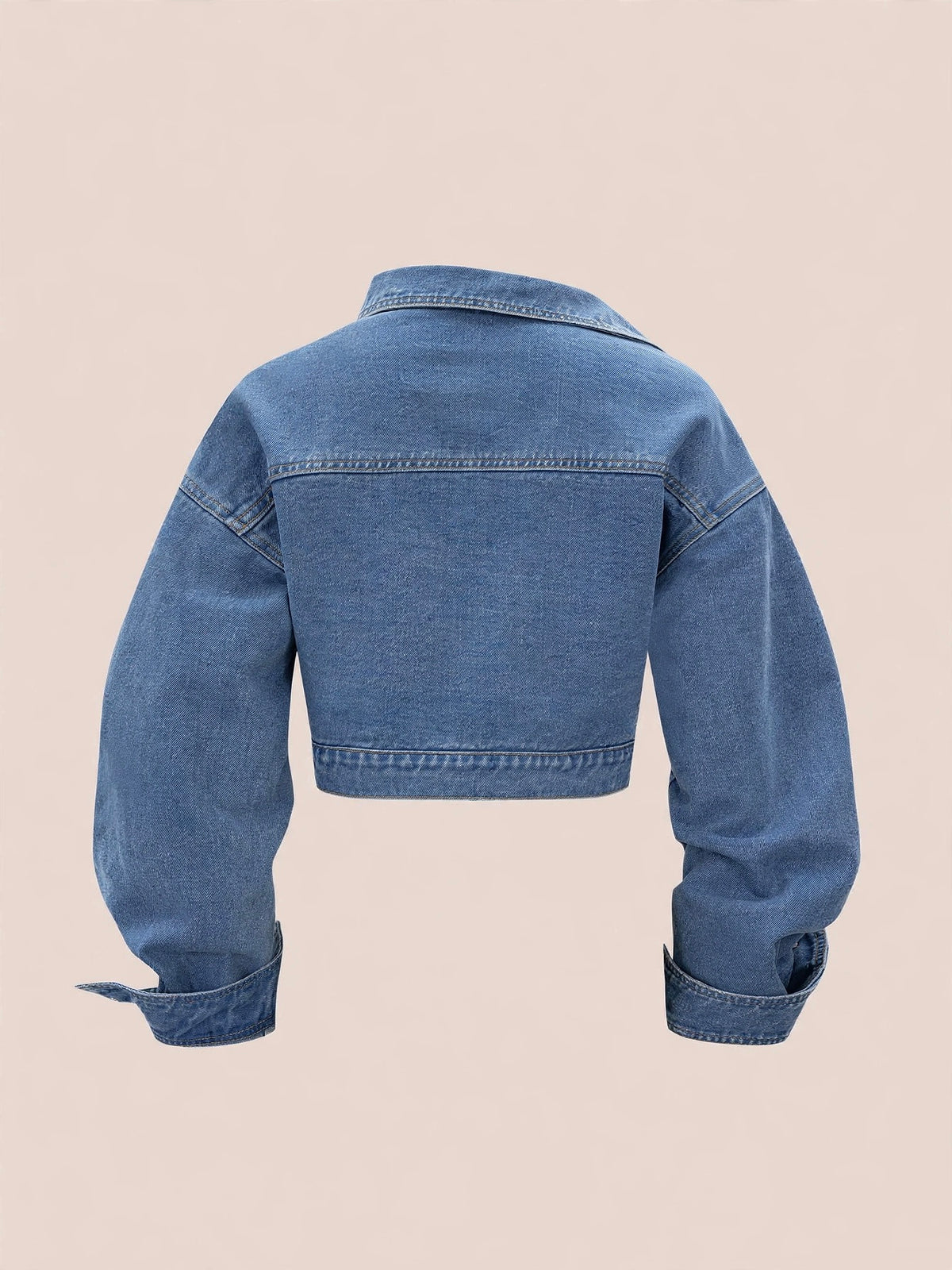 Geacă denim crop asimetrică cu fermoar diagonal și capse laterale - albastru