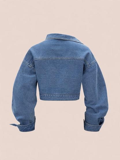 Geacă denim crop asimetrică cu fermoar diagonal și capse laterale - albastru