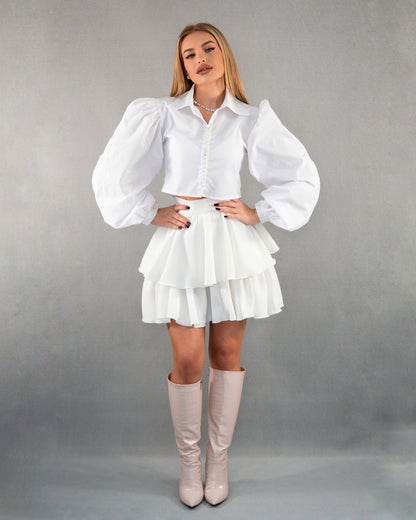 Fustă cu talie înaltă și volane - alb